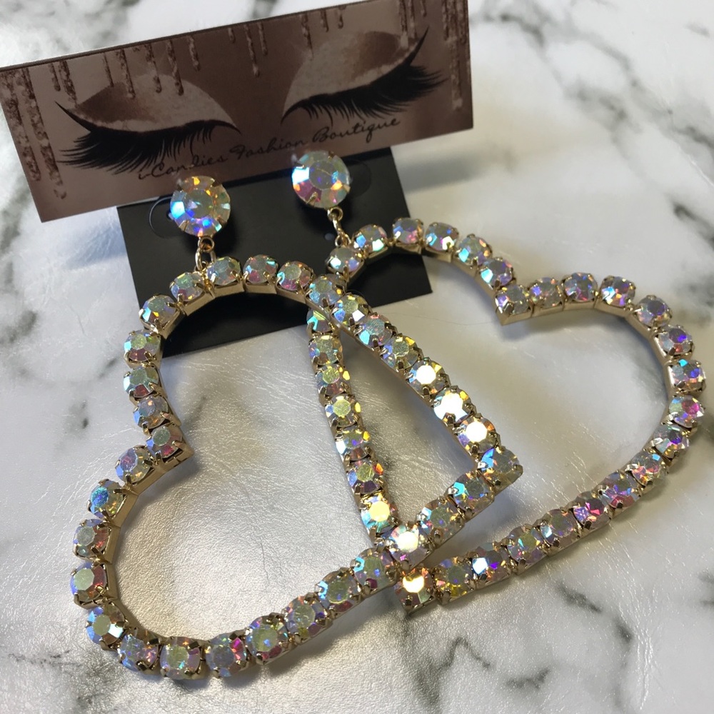 ‼️ Iridescent Rhinestone Heart Hoop Earring - Picture 3 of 7